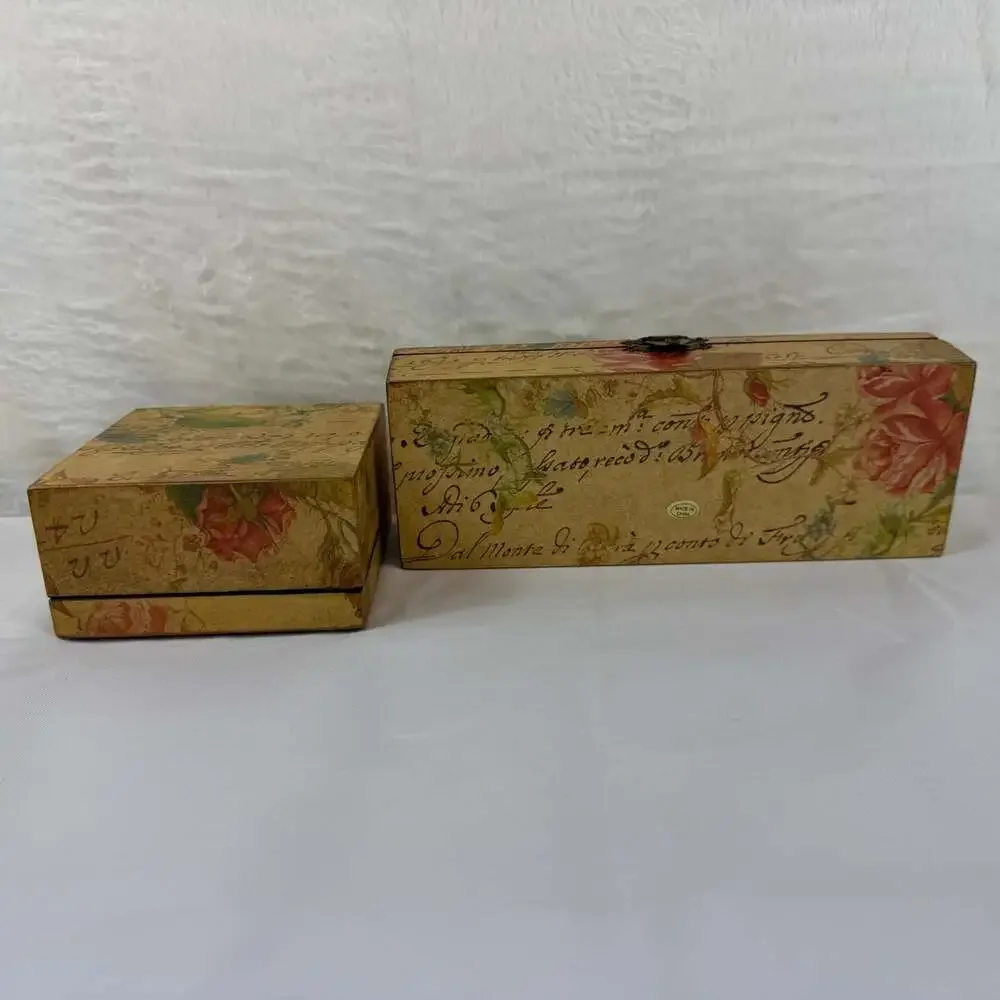 2 small memory keepsake boxes Victorian découpage style floral